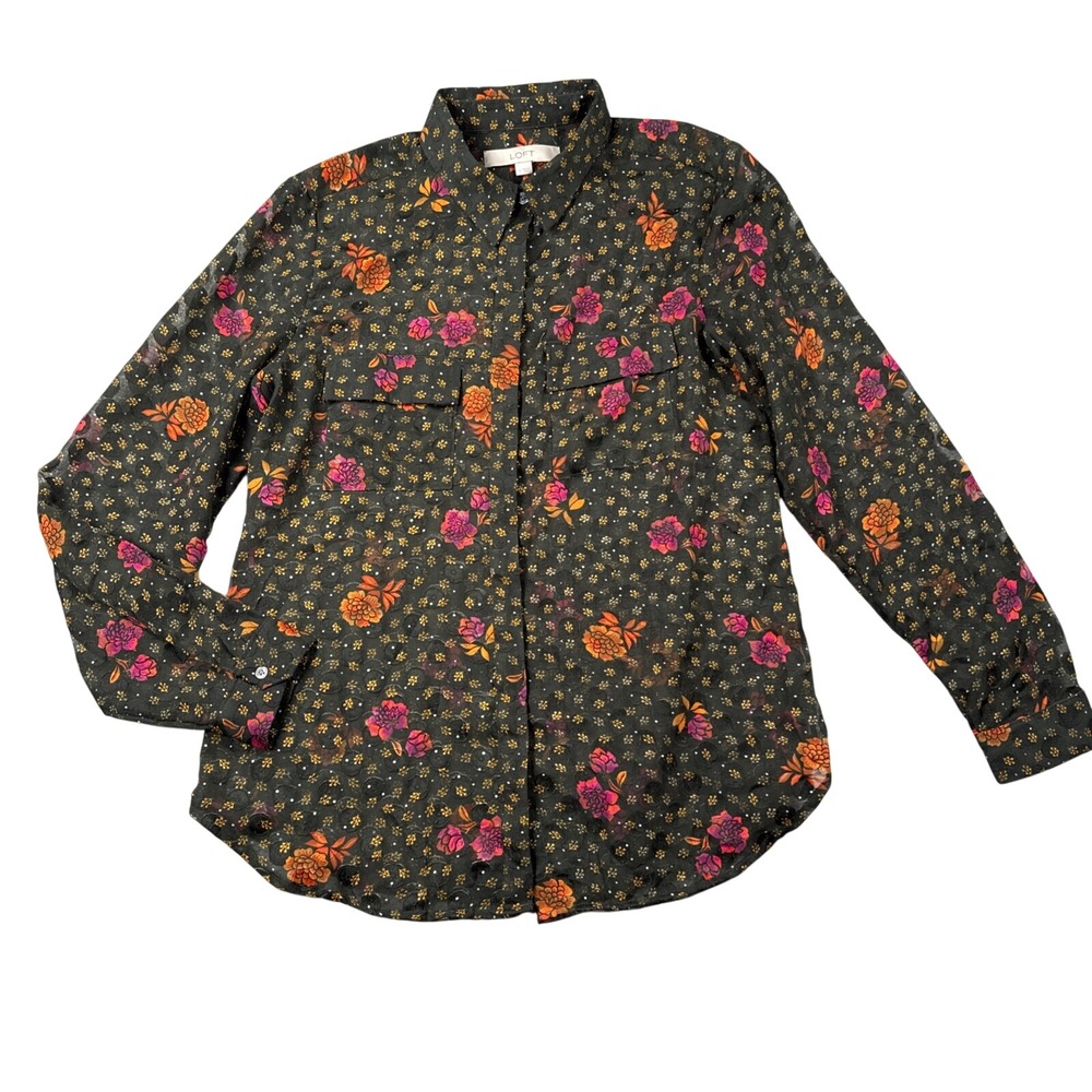 Loft Top Womens SMALL Sheer Button Up Long Sleeve Collared Pockets Lightweight‎